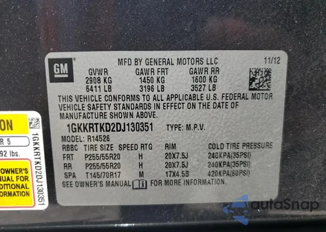 2013 GMC Acadia Denali z USA, uszkodzony, nr VIN 1GKKRTKD2DJ130351